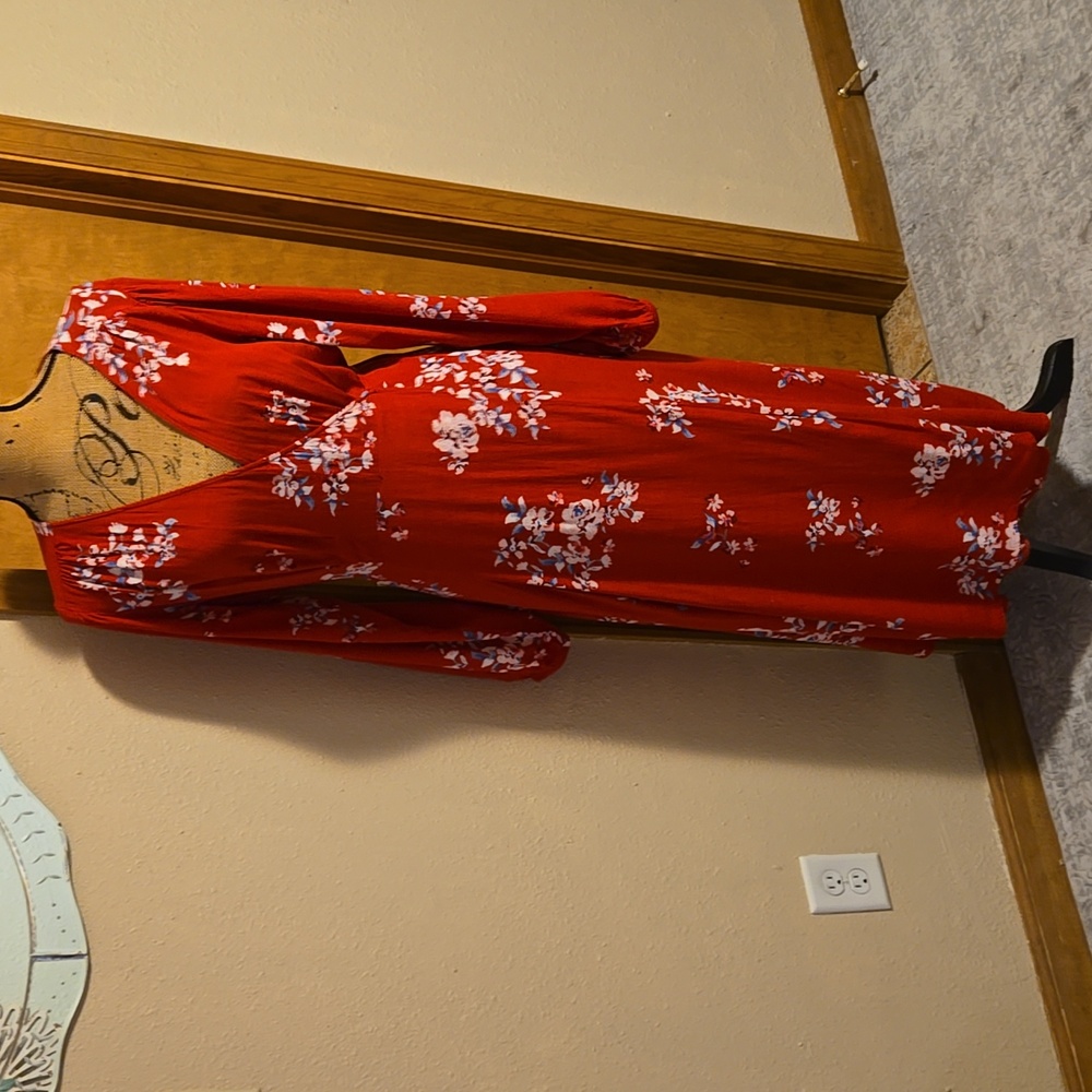 Gap Long Sleeve Red Floral Wrap Dress Size L